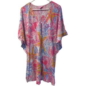 Lilly Pulitzer Kaftan Cover Up Beach Dress Pink Blue Yellow Starfish Print M